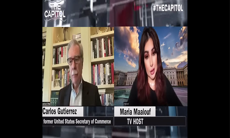 Lebanese journalist Maria Maalouf interviews Carlos Gutierrez, former U.S. Secretary of Commerce during her program called “The CAPITOL”.