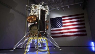 An American spacecraft enters lunar orbit and prepares for landing