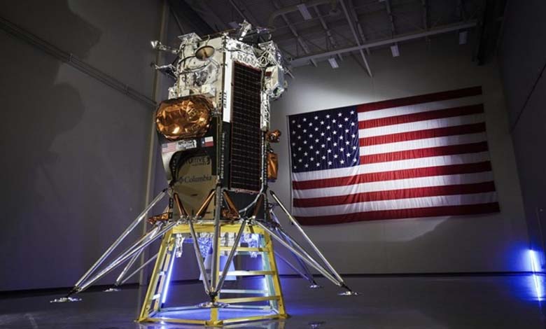 An American spacecraft enters lunar orbit and prepares for landing