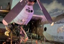 A military aircraft destroyed in a missile strike on an Iraqi base