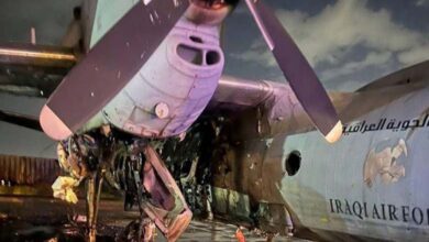 A military aircraft destroyed in a missile strike on an Iraqi base